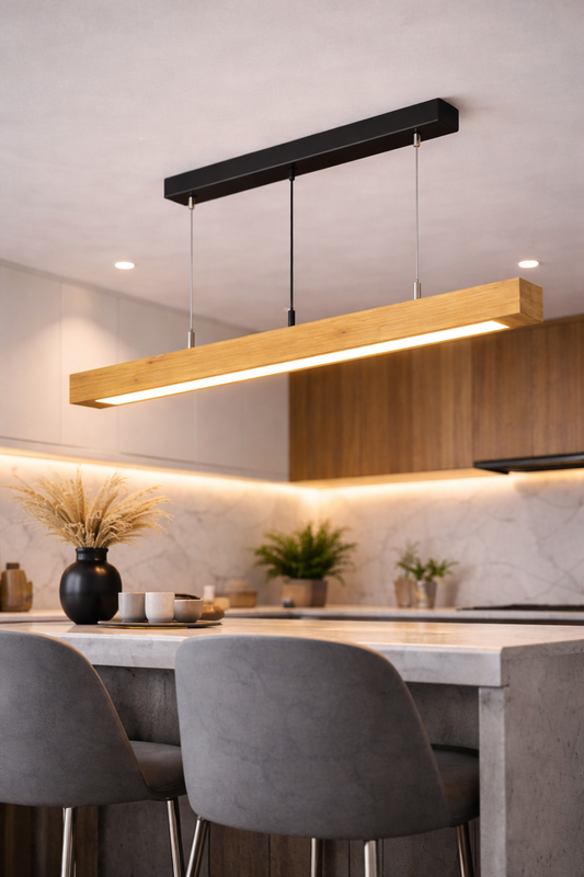 Wooden Hanging Light (Pine) – Linear LED Pendant Light for Kitchen Island & Dining Table | 1 Meter